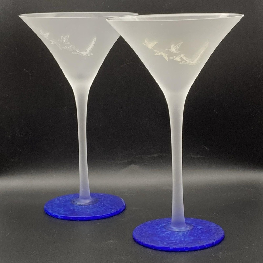2 Grey Goose Vodka‎ Frosted Martini Glass Cobalt Blue Swirl Base Flying Geese #5